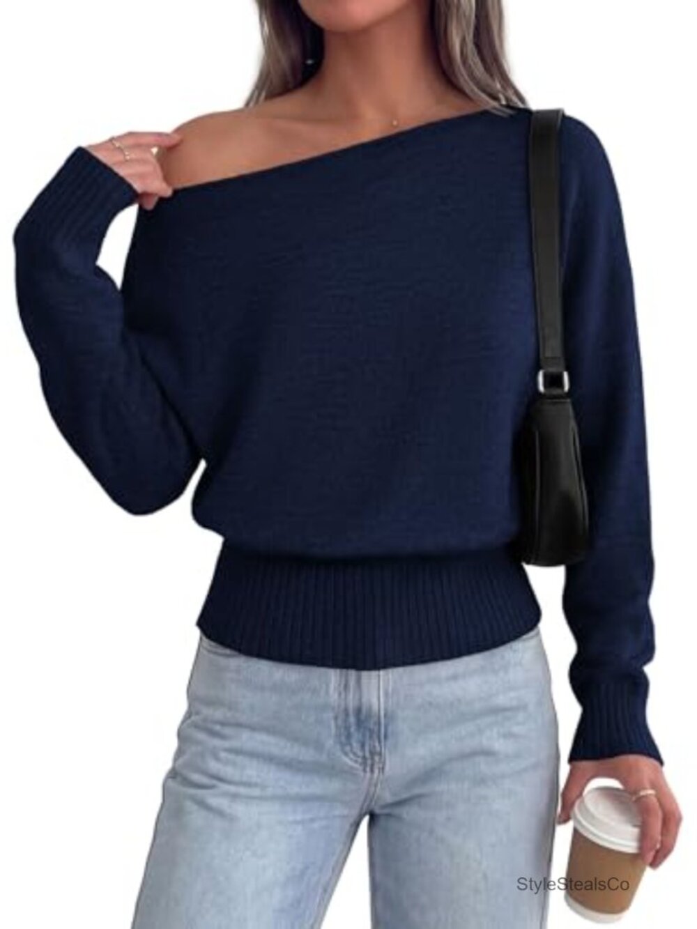 Off Shoulder Sweater Pullover Asymmetric Neck Batwing Sleeve Relaxed Fit